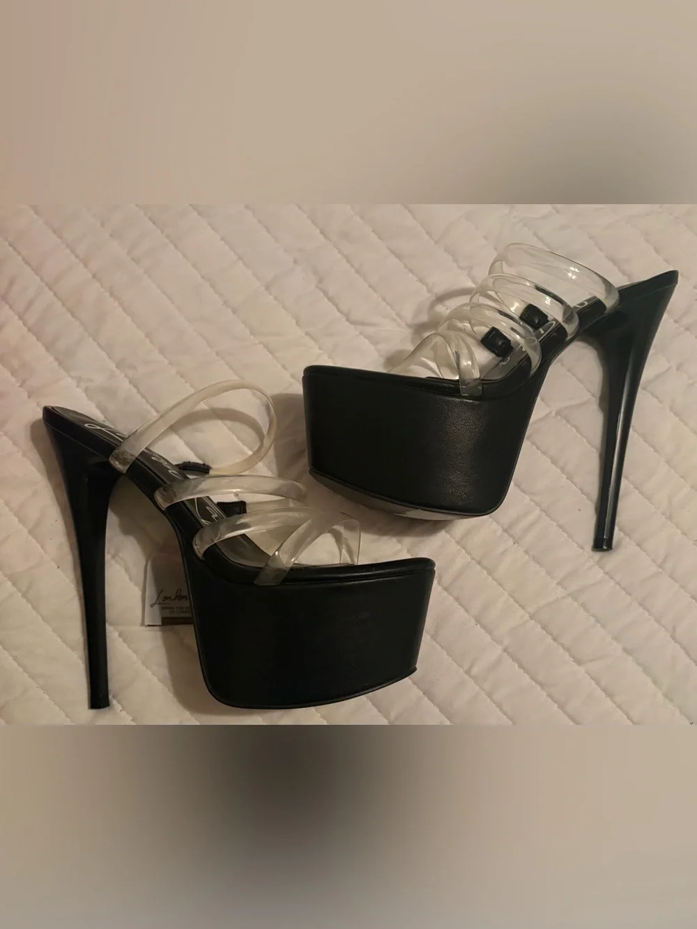 Women's Black Platform Stiletto Heels with Clear Straps